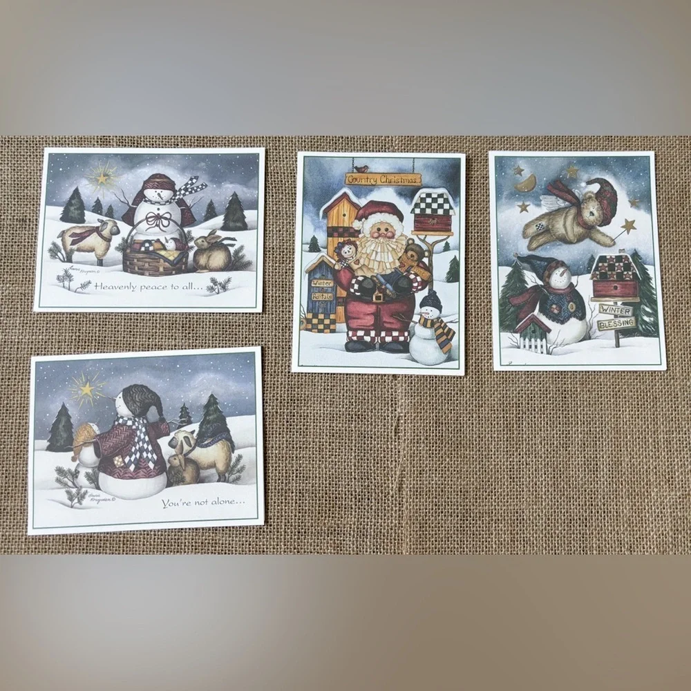 Vintage Laurie Korsgaden Snowman Teddy Bear Christmas Card Set Rustic Folk Art